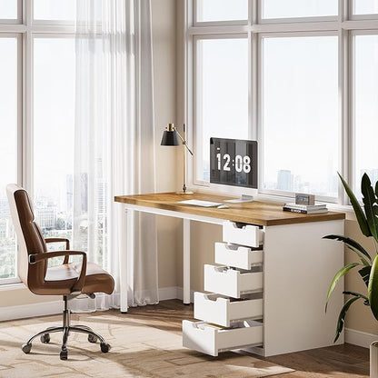 Tribesigns Modern Simple Computer Desk, 47 Inches PC Desk with 5 Reversible Drawers, Rustic Brown Study Writing Table Workstation for Home Office Small Spaces (Walnut+White)