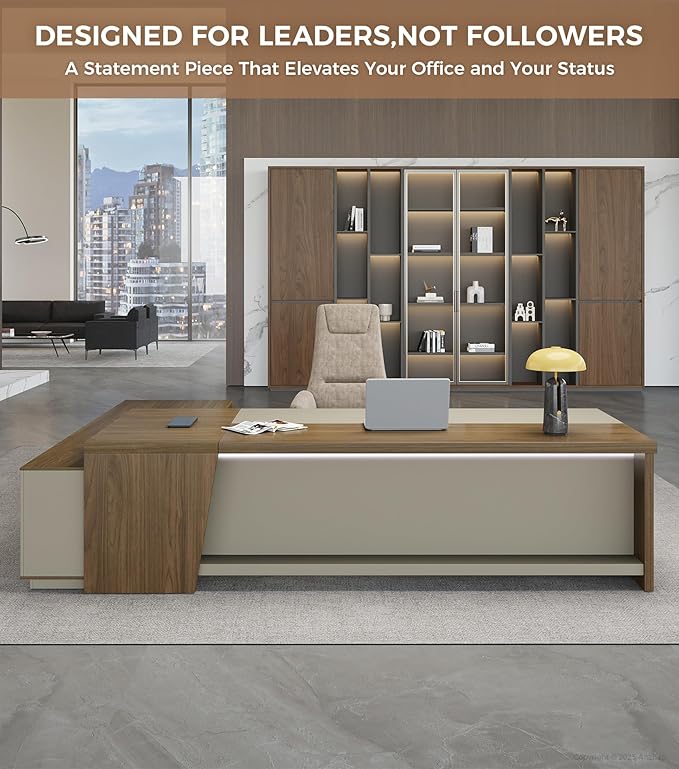 L-Shaped Executive Desk with Lockable Drawers – 79" Modern Large Executive Office Desk with LED, Lateral File Cabinet, Built-In Cable Box, Privacy Panel & Storage Shelves for Home or Business, Right