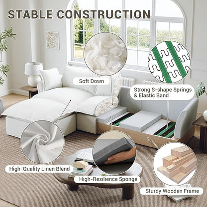 Oversized Cloud Modular Sectional Sofa, Comfy Down Filled Cloud Couch with Removable Cover, V Shaped 5 Seat Couch with Ottoman, Deep Seat Sectional Couches for Living Room, Cream White