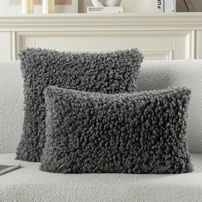 FUTEI Dark Grey Decorative Throw Pillow Covers 24x24 Inch Set of 2,Soft Fluffy Faux Wool Fur Boucle Textured European Cushion Case,Modern Home Decor for Couch Bed Living Room Office