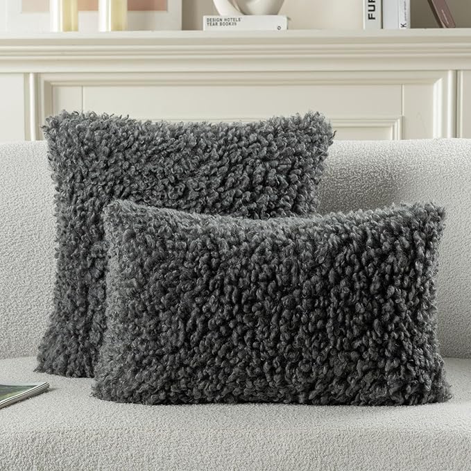 FUTEI Dark Grey Decorative Throw Pillow Covers 20x20 Inch Set of 2,Soft Fluffy Faux Wool Fur Boucle Textured Cushion Case,Modern Home Decor for Couch Bed Living Room Office