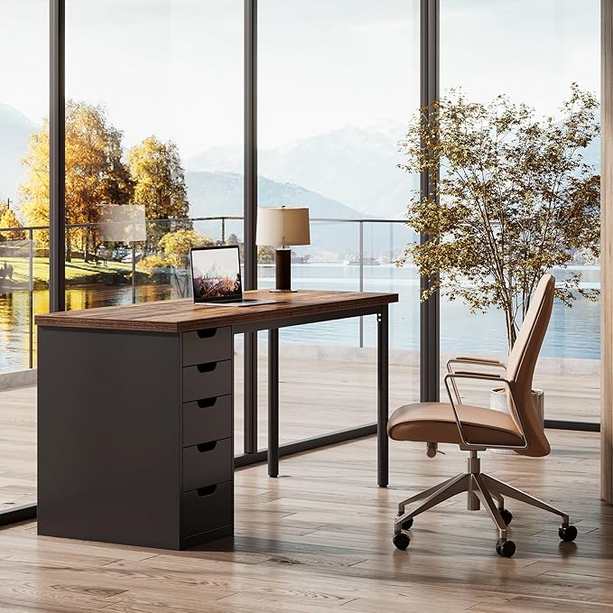 Tribesigns Modern Simple Computer Desk, 47 Inches PC Desk with 5 Reversible Drawers, Rustic Brown Study Writing Table Workstation for Home Office Small Spaces (Brown+Black)