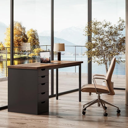 Tribesigns Modern Simple Computer Desk, 47 Inches PC Desk with 5 Reversible Drawers, Rustic Brown Study Writing Table Workstation for Home Office Small Spaces (Brown+Black)
