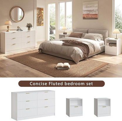 3-Piece Modern Bedroom Furniture Set, Wide 6-Drawer Dresser & 1-Drawer Nightstands Set of 2, Natural Wood Dresser and Nightstand Sets for Bedroom, Hallway, White
