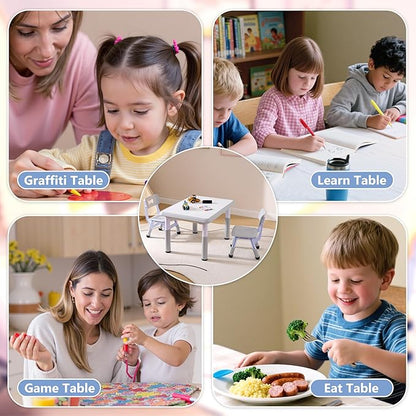 Kids Table & Chairs Set (2 Chairs), Height Adjustable Toddler Table and Chair Set for Kids Ages 3-8 with Graffiti Desktop, Learning & Art Activity Desk for Classroom, Home, Daycare (Grey)
