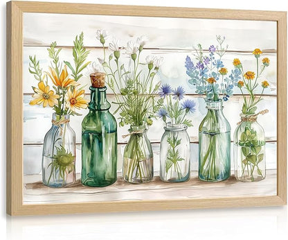 HLXRAE Wood Framed Green Bathroom Wall Art, Vintage Rustic Farmhouse Bathroom Wall Decor, Watercolor Floral Canvas Painting, Sage Green Plant Aesthetic Picture for Laundry Room Decor 16x24 inch