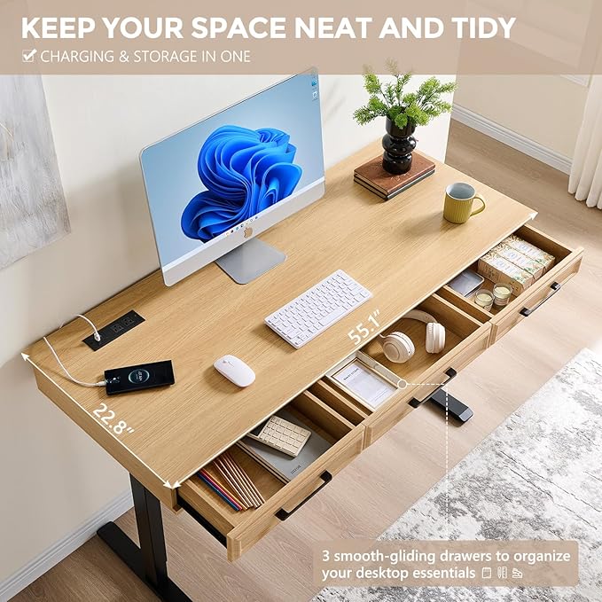 55x22 Inch Electric Standing Desk with One-Piece Desktop, Adjustable Height Computer Desk w/3 Storage Drawers & Power Outlets,Sit to Stand Up,Gaming Table for Home Office and Study, Natural Oak