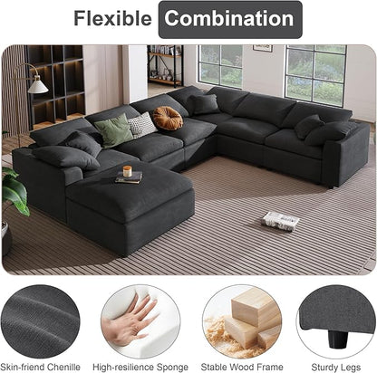 129.3" Oversized Modular Sectional Sofa, U Shaped Couch with Movable Ottoman, Large 7 Seater Corner Sofa for Living Room, Office, Spacious Space, Grey
