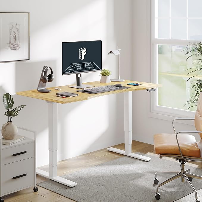 FLEXISPOT E6 MAX Bamboo 60x30 Inch Dual Motor 3-Stage Heavy Duty Standing Desk, 330lbs Weight Capacity, Height Adjustable Desk w/Cable Management & Wheels (Solid Bamboo Curved Desktop + White Frame)