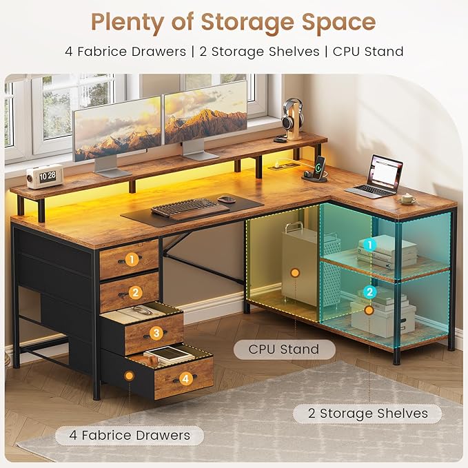 SEDETA L Shaped Desk with 4 Drawers and Storage Shelves, L Shaped Gaming Desk with LED Lights & Power Outlets, Computer Desk with Shelves & Drawer, Corner Desk Home Office Desk, Rustic Brown
