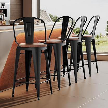 Aklaus Swivel Metal Bar Stools Set of 4 Counter Height Stools Counter Bar Stools with Back Swivel Metal Bar Chairs Wooded Seat 26 Inch Matte Black barstools