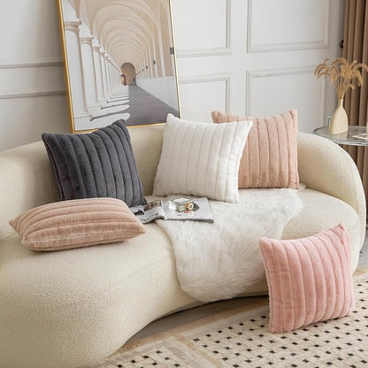 Pack of 2 Faux Fur Throw Pillow Covers 12x20 Inch Striped Decorative Soft Plush Couch Pillow Case Home Decor for Bed, Sofa, Living Room Cream White