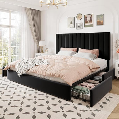 Allewie King Size Storage Bed Frame, Vertical Channel Tufted Adjustable Headboard, Velvet Upholstered Platform Bed with 4 Oversized Underbed Drawers, Wooden Slats Support, No Box Spring Needed, Black