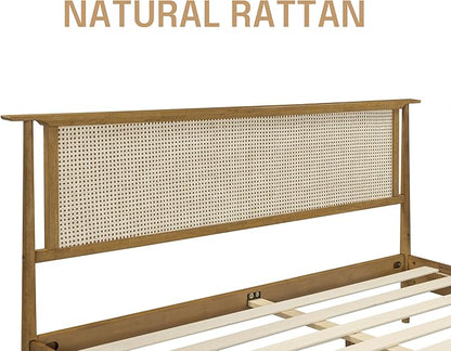 NTC Ruby Wooden Bed Frame with Headboard and Natural Rattan, Solid Oak Foundation with Silent Slats, 1000 Lb Capacity, Effortless Assembly, King - Teak Look