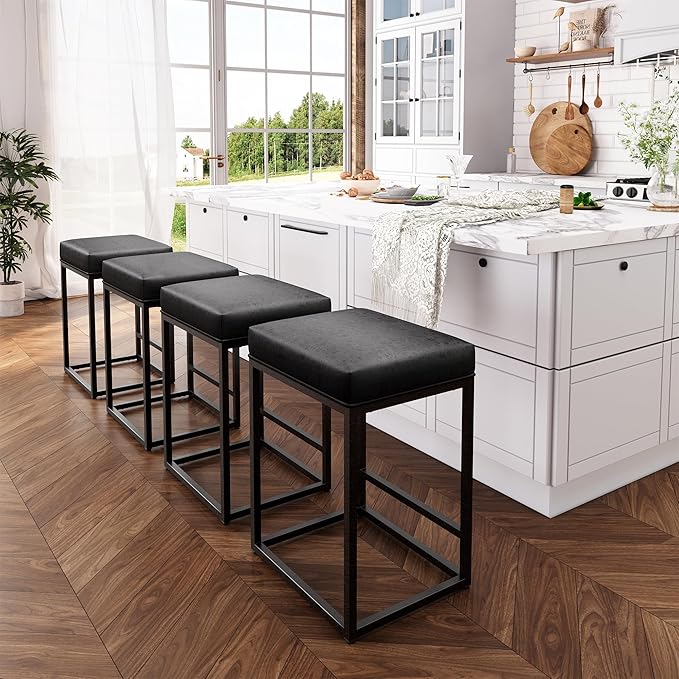 ALPHA HOME 24 Inch Counter Height Bar Stools Set of 4, Upholstered Bar Stools for Kitchen Island, Counter Stools with Faux Leather Cushion and Sturdy Metal Frame, Modern Barstools, Black