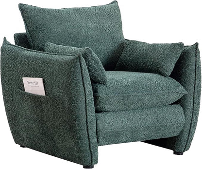 Chenille Oversized Accent Chairs, Modern Oversized Armchair with Removable Pillow, Comfy Living Room Chair with Side Pocket Storage for Bedroom, Office, Green