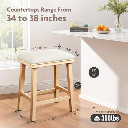 ALPHA HOME 24 Inch Barstools Set of 3, Solid Wood Kitchen Stools with PU Leather Cushion Counter Height Bar Stools for Indoor, White Seat and Wooden Legs, 3PCS