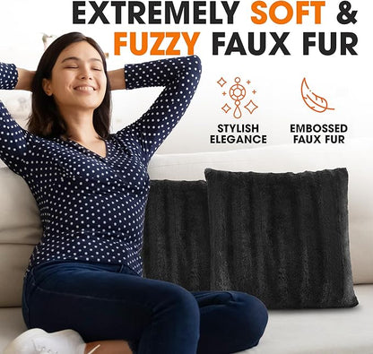 Cheer Collection Faux Fur Throw Pillows - Decorative Pillows for Couch, Bed Throw Pillows, Black Accent Pillows for Bedroom or Living Room Aesthetic, Set of 2 Furry Throw Pillows, 26" x 26"