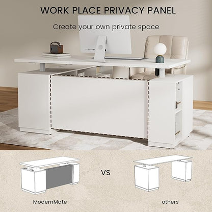 71" L Shaped Executive Desk with File Cabinet, Electric Adjustable Height Standing Desk for Home and Office, Furniture Sets with Multiple Functions, AC/USB, 1.18" Desktop, White Rattan