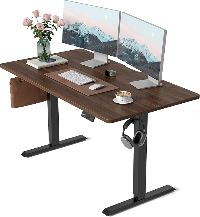 CubiCubi Height Adjustable Electric Standing Desk, 55 x 28 Inches Sit Stand up Desk, Large Memory Computer Home Office Desk with Two-Piece Desktop (Black Walnut)