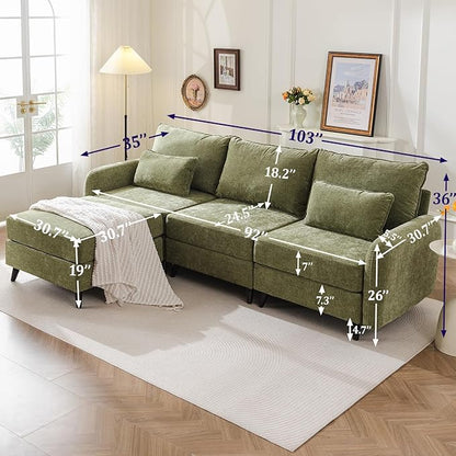104'' Modular Sectional Sofa with All Seats Storage, Oversized L Shaped Couch for Living Room,3-Seater Comfy Cloud Couches with Movable Ottoman,Big Sectional for Bedroom,Velet,Green