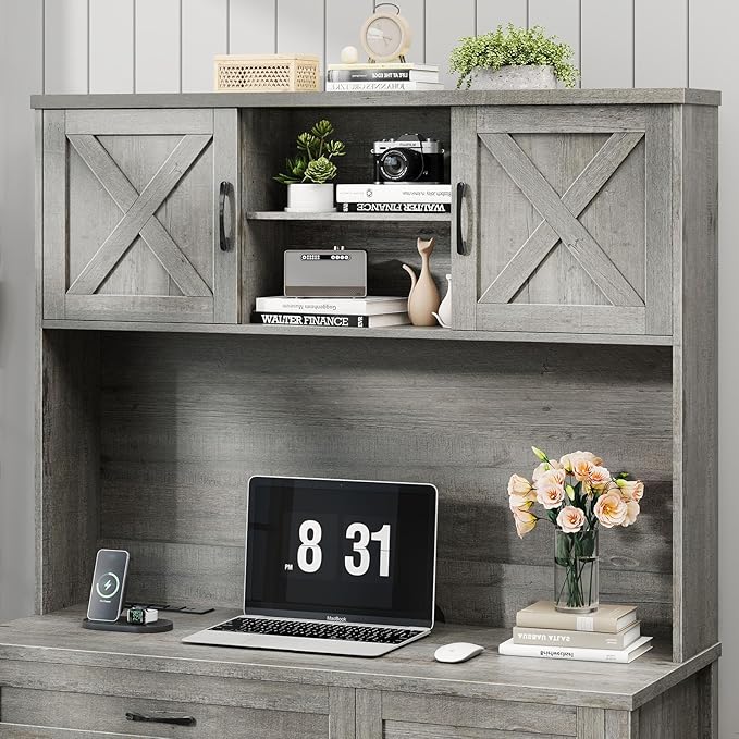 Farmhouse 67" H Executive Desk with Hutch,Office Desk with 4 Drawers and LED light, Wood Workstation for Home Office and Study, Computer Desk with Storage Cabinet,File Drawers, Charging Station.Gray