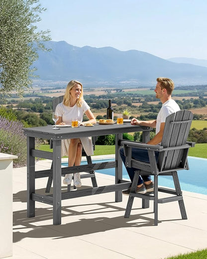 SERWALL 3-Piece Swivel Adirondack Bar Set, HDPE Swivel Bar Height Chairs Set of 2 with Bar Table, All-Weather Outdoor Barstools for Patio, Poolside, Garden, Grey