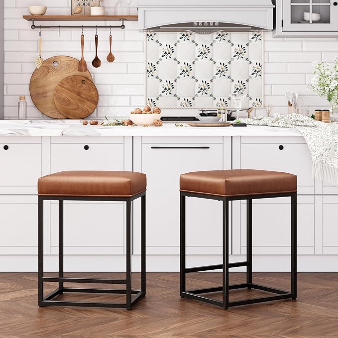 ALPHA HOME 24 Inch Counter Height Bar Stools Set of 4, Upholstered Bar Stools for Kitchen Island, Counter Stools with Faux Leather Cushion and Sturdy Metal Frame, Modern Barstools, Caramel