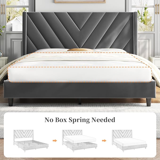 Yaheetech Full Bed Frame Upholstered Platform Bed with Wing Side Tufted Headboard/Sturdy Wooden Slat Support/No Box Spring Needed/Mattress Foundation,Dark Gray Full Bed