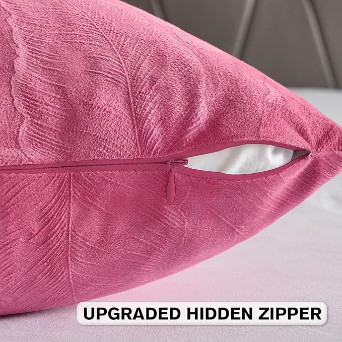 FUTEI Hot Pink Velvet Throw Pillow Covers 16x16 Inch Set of 2,Soft Embossed Leaf-Relief Textured Cushion Cases,Natural Home Decor for Couch Living Room