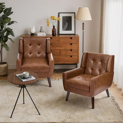 Faux Leather Accent Chairs Set of 2, Mid-Century Modern Upholstered Armchair, Comfy Living Room Chairs Reading Chairs with Button Tufted Back & Solid Wood Legs for Bedroom, Office, Coffee