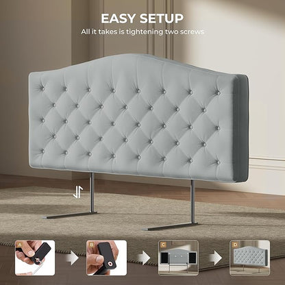 Upholstered Headboard Queen Size with 4" Thickened High-Density Sponge, Modern Button-Tufted Queen Headboard Only, Luxury Chenille Fabric, Adjustable Height, Easy Assembly, Grey