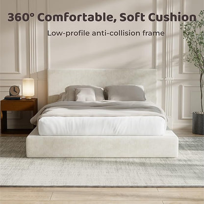 RECCI Cloud Upholstered California King Bed Frame with Headboard, 5 Inch Foam Padded Platform, No Box Spring, Easy Assembly (Cream)