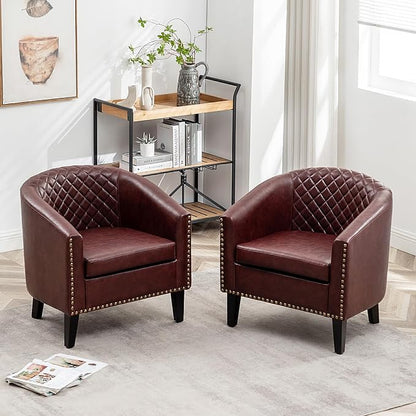 KINWELL 29" W Faux Leather Barrel Chairs Set of 2, Modern PU Upholstered Tufted Club Chairs with Nailhead Trim, Small Armchairs Accent Chairs for Living Room Bedroom Apartment Lounge Nursery, Red