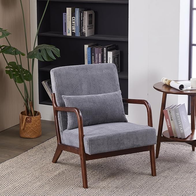 Accent Chairs, Mid-Century Modern Chair with Pillow, Armchair with Solid Wood, Reading Relaxing Leisure Chair for Living Room（Dark Grey/Walnut）