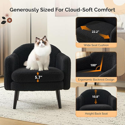 VINGLI 30.3" Wide Modern Barrel Accent Armchair with Track Armrest, Solid Wooden Legs, Comfy Upholstered Club Chair, Round Single Home Sofa for Living Room, Bedroom, Reading Room,Teddy Fleece Black