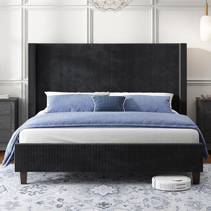 HOWE Queen Size Upholstered Bed Frame, Wingback Platform Bed with 50.8" Headboard, Corduroy/Solid Wood Leg/No Box Spring Needed/Noise Free/Black