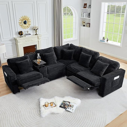 ORRD Power Reclining Sectional Sofa, Electric Loveseat Recliner with 2 Electric Footrest and Adjustable Headrest, Modern Plush Corduroy Fluffy Reclining Sectional with Deep Seat for Living Room-Black