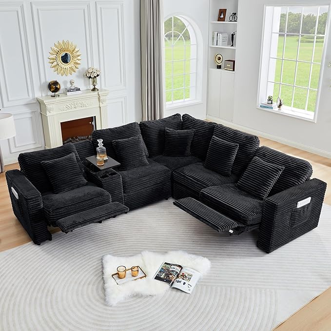 ORRD Power Reclining Sectional Sofa, Electric 4 Seat Recliner with 2 Electric Footrest and Adjustable Headrest, Modern Plush Corduroy Fluffy Modular Sectional with Deep Seat for Living Room-Black