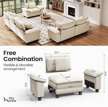 PHI VILLA Cloud Modular Couches Sets, 3 Pieces Large Sectional Sofa Set with Loveseats & Single Sofa, 6-Seater Upholstered Couch for Living Room, Chenille Fabric, Beige