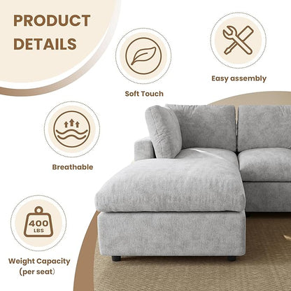 WJShome Sectional Couches for Living Room, 67 Inch Loveseat Sofa with Ottoman, Modern Chenille Fabric & Double Layer Cushions, Modular Couch for Apartment/Bedroom，Gray