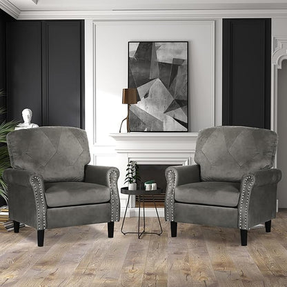 Accent Chairs for Living Room, Set of 2 Mid-Century Modern Upholstered Armchairs, Comfy Velvet Chair w/Wood Legs & Nailhead Trim, Wingback Chair for Bedroom, Grey