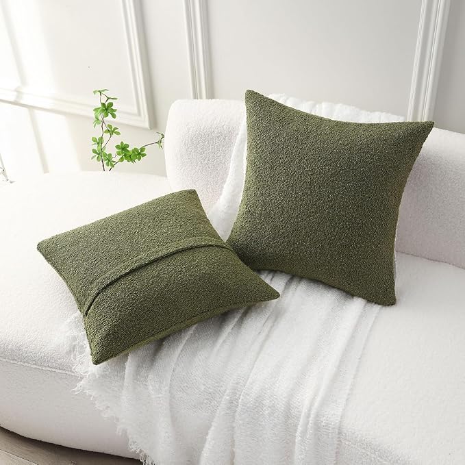 FUTEI Pack of 2 Moss Green Decorative Throw Pillow Covers 18x18 Inch Soft Cozy Solid Boucle Textured Cushion Case,Modern Home Decor for Couch Bed Living Room