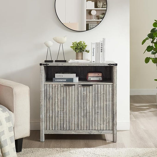 Buffet Cabinet with Storage - Modern Farmhouse Rustic 32 Fluted Sideboard Storage Cabinet Buffet with Adjustable Shelves, Coffee Wine Bar Organizer for Dining Room (Grey)