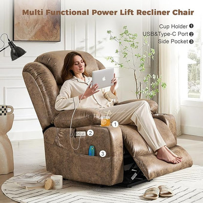 HUSFU Oversized Power Lift Recliner Chairs for Elderly with Massage and Heat, Extra Wide Recliners,Breathable Leather Lift Chairs w/Cup Holders, USB & Type-C Ports, Brown,2PCS