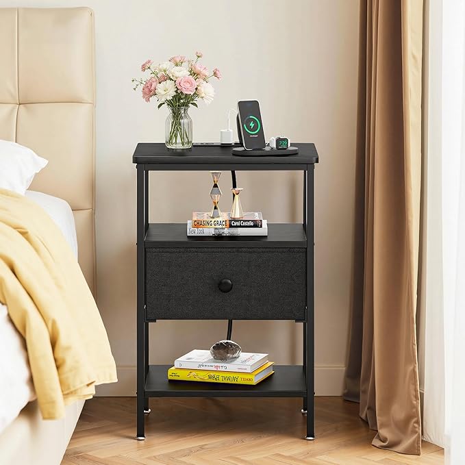 VECELO Night Stand with Charging Station, End Tables with Open Storage Shelf, Bed Side Tables with Fabric Drawers for Bedroom,Living Room,Classic Black