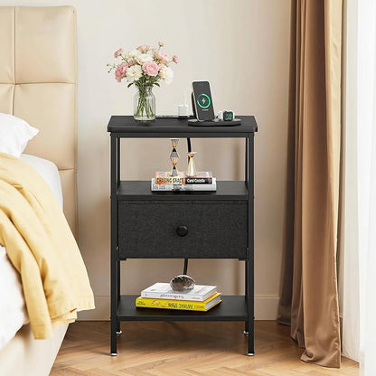 VECELO Night Stand with Charging Station, End Tables with Open Storage Shelf, Bed Side Tables with Fabric Drawers for Bedroom,Living Room,Classic Black