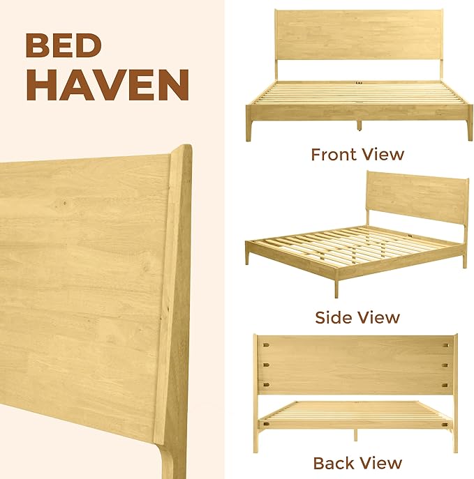 Acacia Haven King Size Bed Frame and Headboard, King Size Platform Bed Frame Scandinavian Wood Bed Compatible with All Mattress Types, No Box Spring Needed, 800lbs Wood Slats Support, Oak