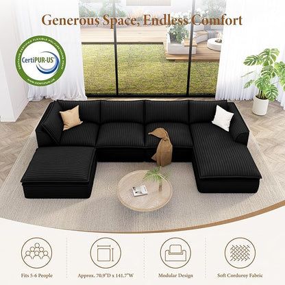 Vesgantti 141.7" U Shaped Sectional Boneless Couch, Modern 6 Seater Modular Sofa with Chaise & Ottoman, Deep Seat Plush Corduroy Cloud Couches for Living Room, No Assembly Required, Black