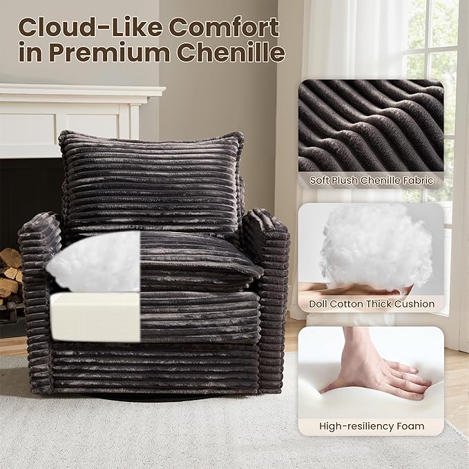 Swivel Accent Chair Set of 2, Modern Sofa Chairs for Living Room, Plush Upholstered Cloud Chair with Double Layer Thick Cushions, Bedroom Reading Nook Armchair, Gray